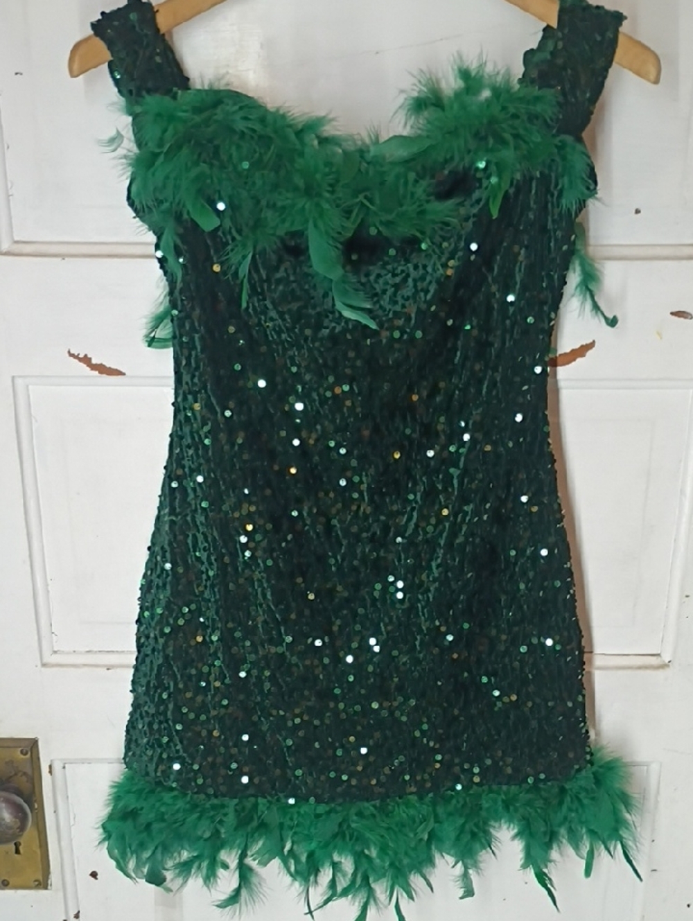 Green Sequin Feather Trim Mini Dress